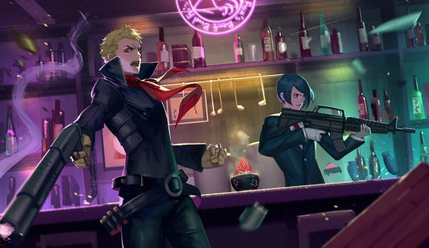 Two anime characters standing in front of a bar.