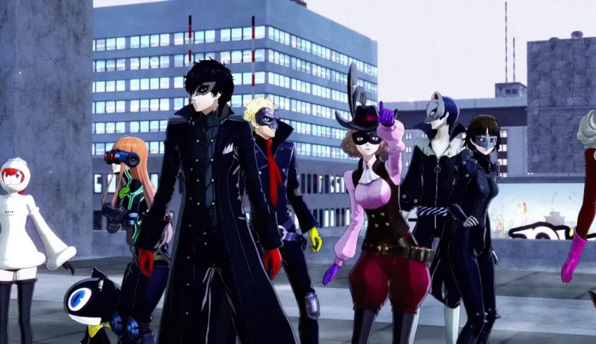 A group of persona characters standing in front of a building.