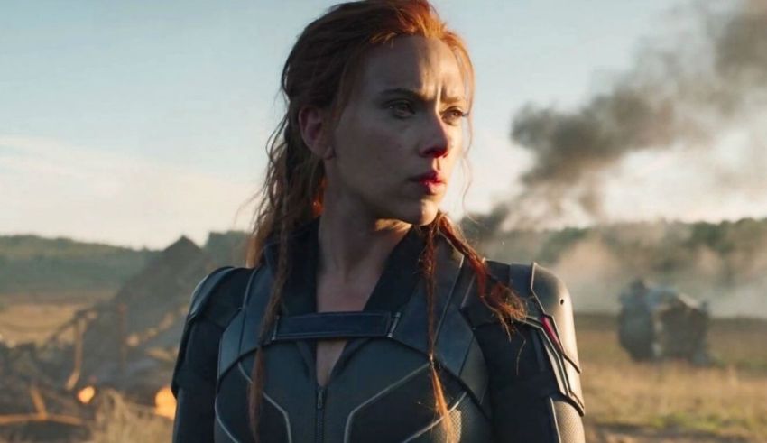 A woman in a black widow costume is standing in a field.