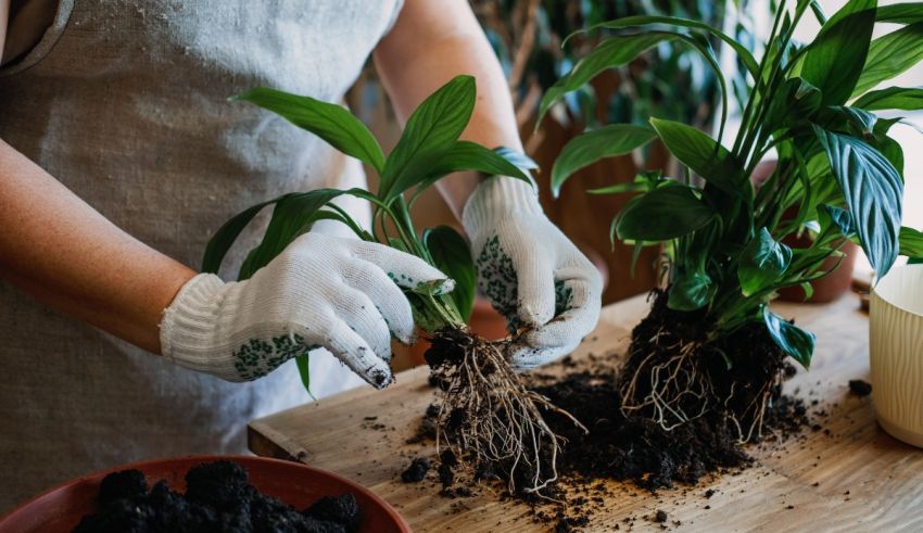 A woman in white gloves is planting a plant on a wooden table.