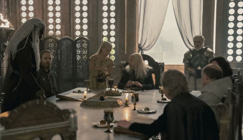 A group of people sitting around a table in a castle.