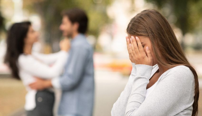 A woman is covering her face while a man is standing next to her.