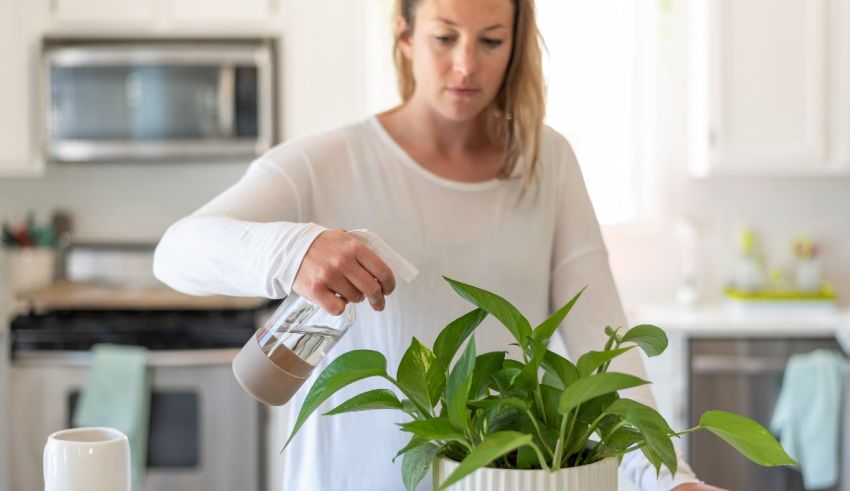 A woman pouring water into a potted plant.