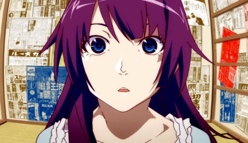An anime girl with purple hair and blue eyes.