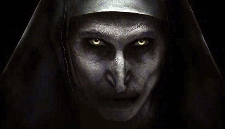 An image of a nun with eyes and a black background.