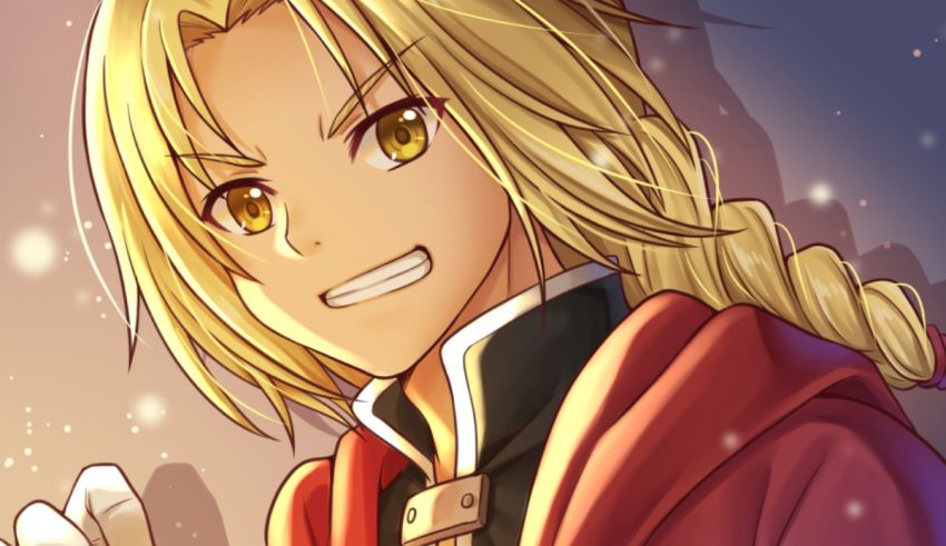 An anime character with blonde hair and a red coat.