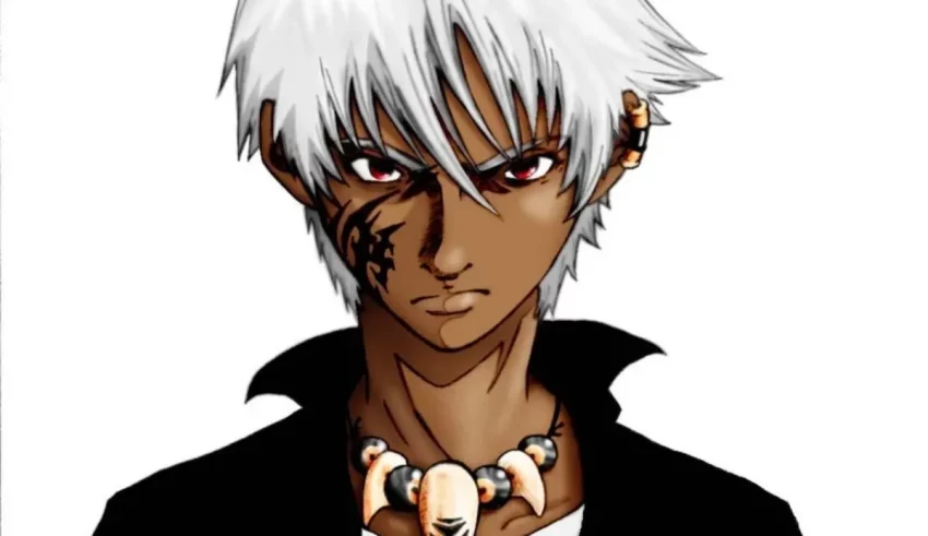 An anime character with white hair and a necklace.
