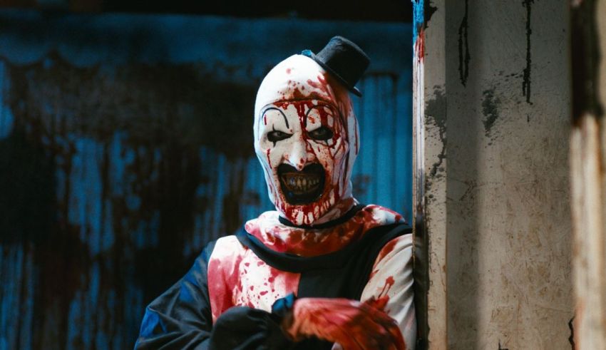 A man dressed as a clown with blood on his face.