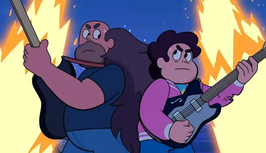 Two cartoon characters are holding guitars in front of a fire.