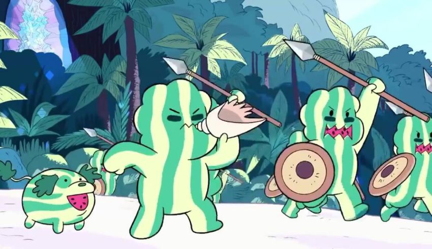 A group of cartoon characters with swords and spears.