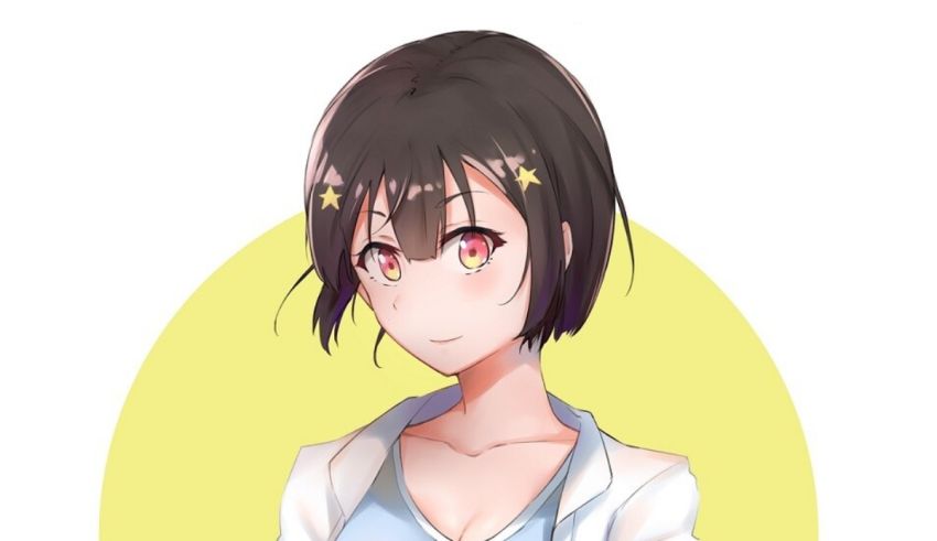 An anime girl wearing a white shirt and staring at the camera.
