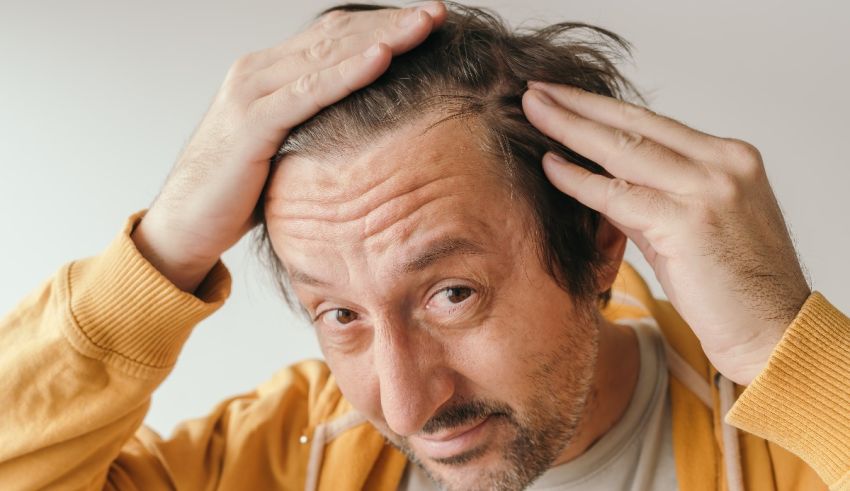 A man is holding his hair with his hands.