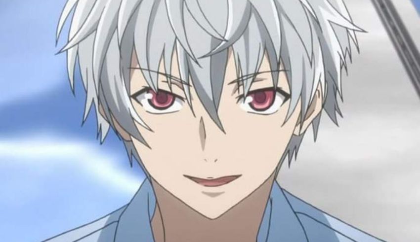 An anime character with grey hair and red eyes.