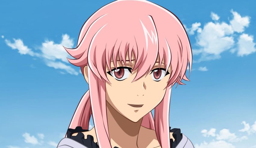 A pink haired anime girl standing in front of a blue sky.