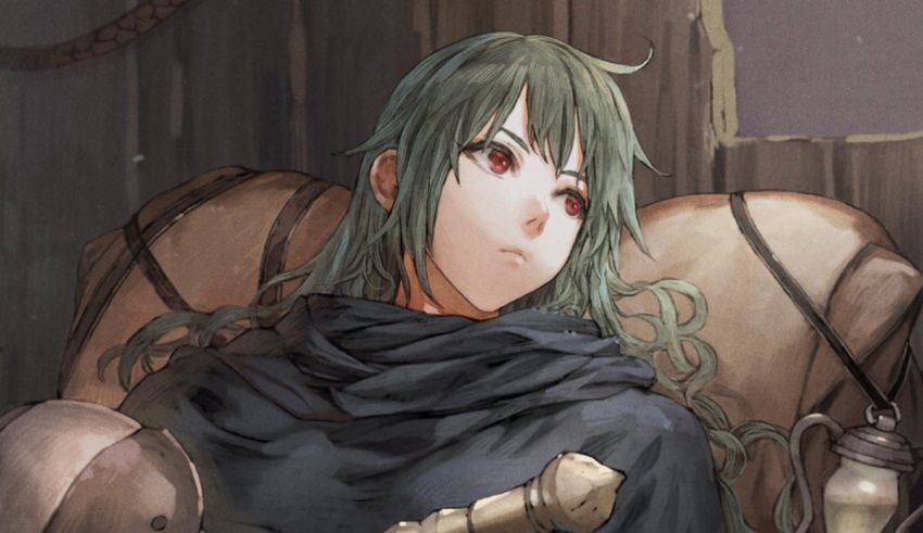 A girl with green hair is sitting in a chair with a sword.