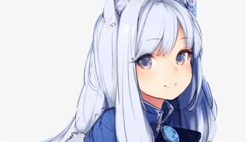 An anime girl with long white hair and blue ears.