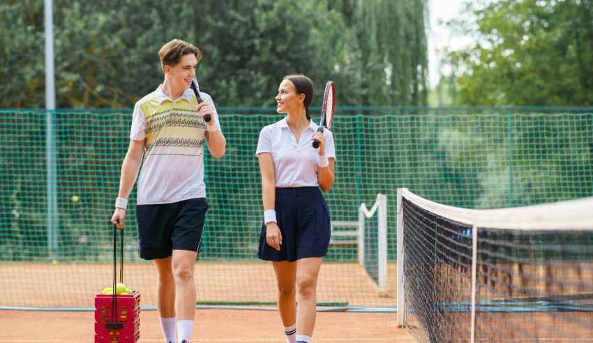 Two young people walking on a tennis court.