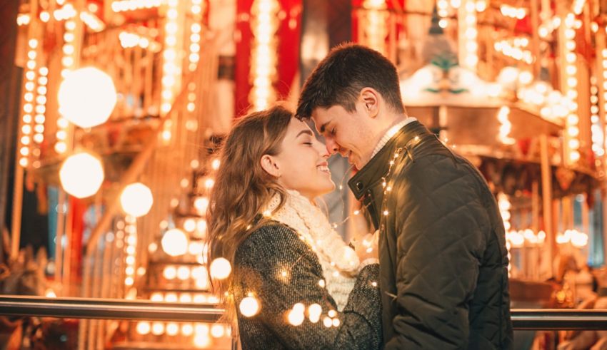 A couple embracing in front of a carousel.