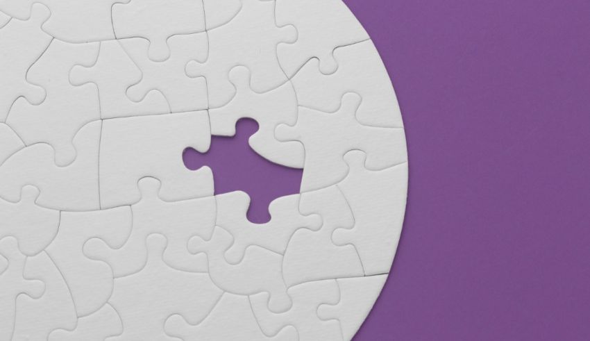 A puzzle piece with a missing piece on a purple background.