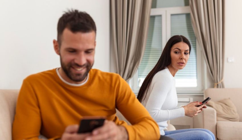 A man and woman sitting on a couch looking at their cell phones.