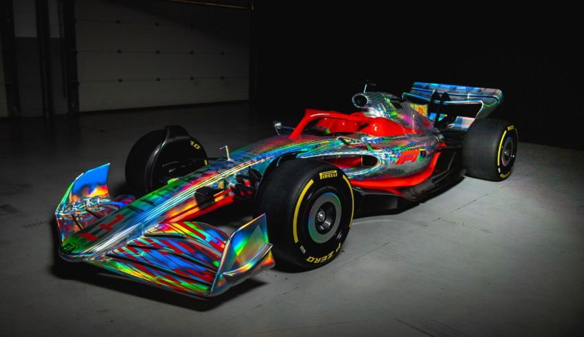 A colorful racing car in a dark room.