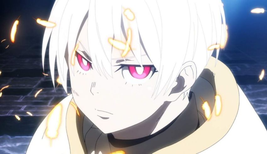 An anime character with white hair and pink eyes.
