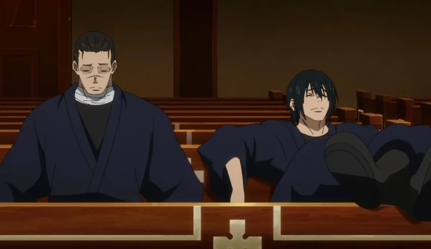 Two anime characters sitting on benches in a courtroom.