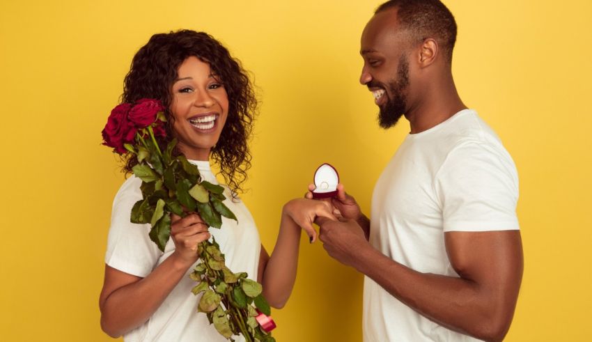 A black man giving a woman a rose on a yellow background.