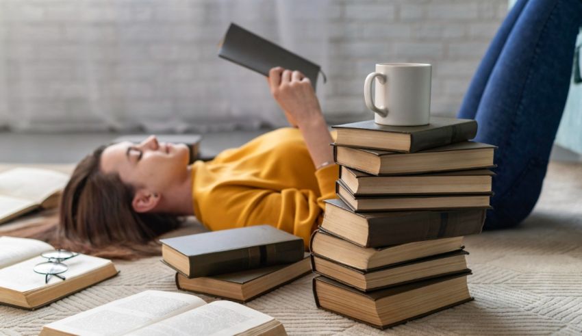 A young woman laying on the floor with a stack of books and a cup of coffee.