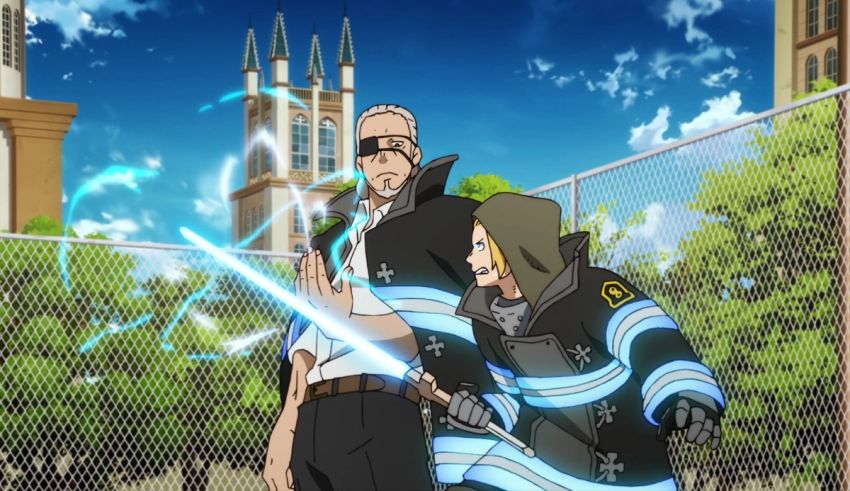 Two anime characters standing next to each other in front of a fence.