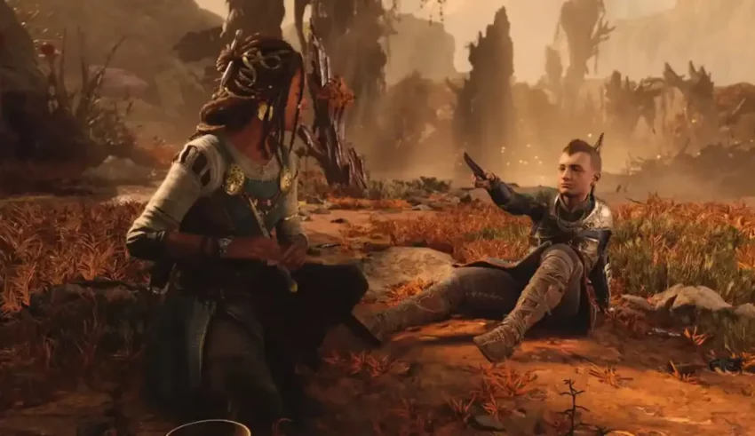 A man and a woman are sitting on the ground in a video game.