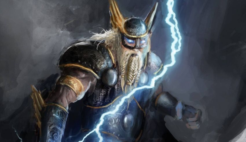 A painting of a thor with lightning in his hands.