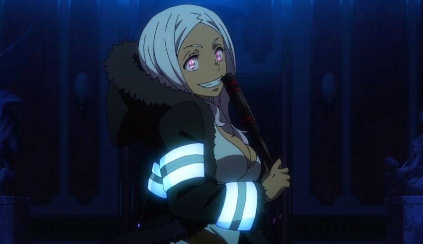 A female anime character holding a flashlight in front of a dark room.