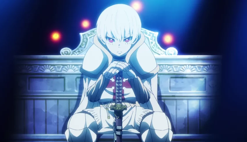 An anime character sitting on a throne.