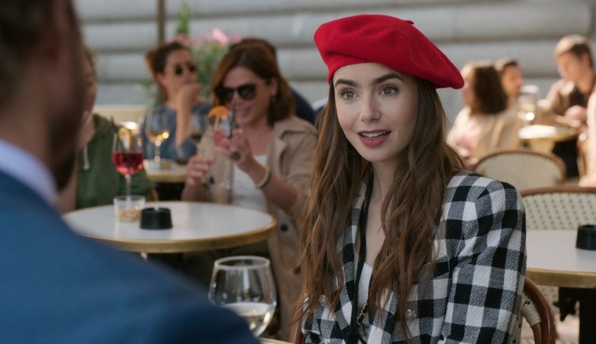 A woman wearing a red beret at a restaurant.