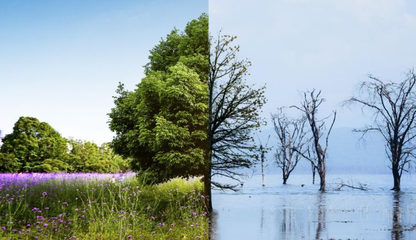 Two pictures of a lake with trees and flowers.