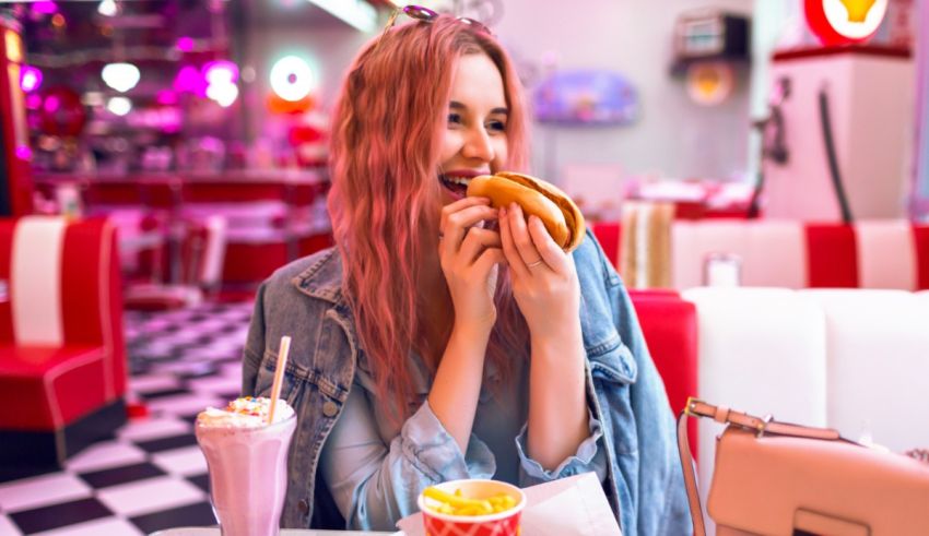 A woman eating a hot dog in a diner.