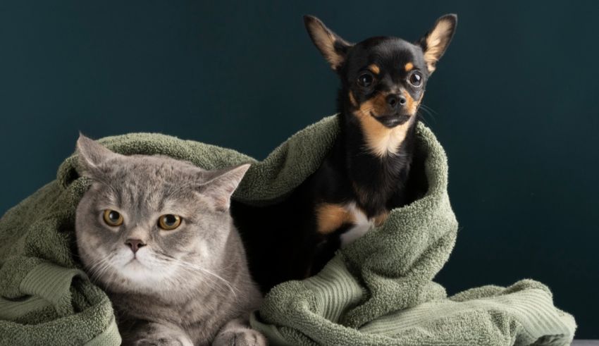 Chihuahua cat and chihuahua dog under a blanket.