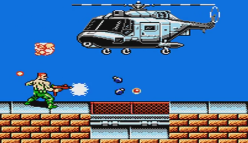 A video game with a helicopter flying over a man.