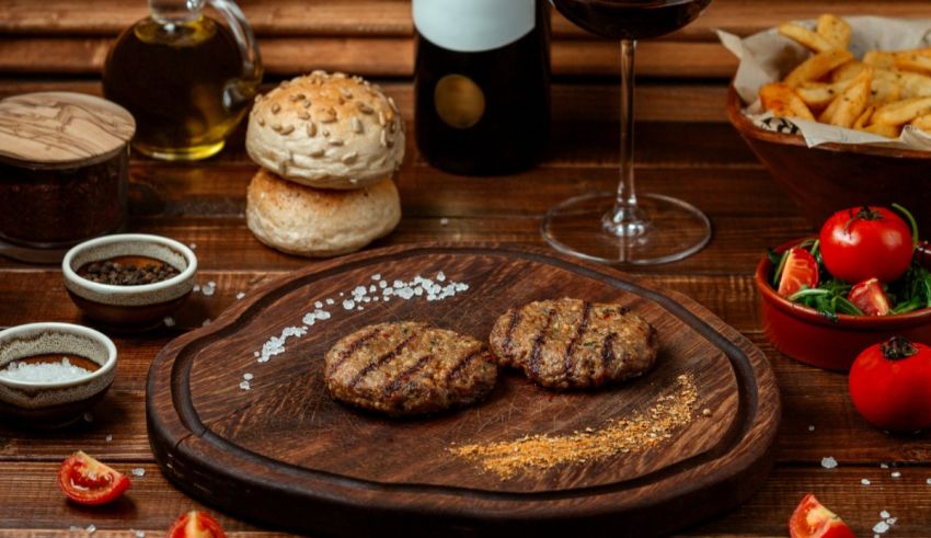 Burgers, fries and wine on a wooden table.