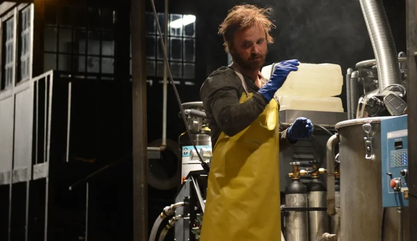 A man in a yellow apron pouring liquid into a machine.