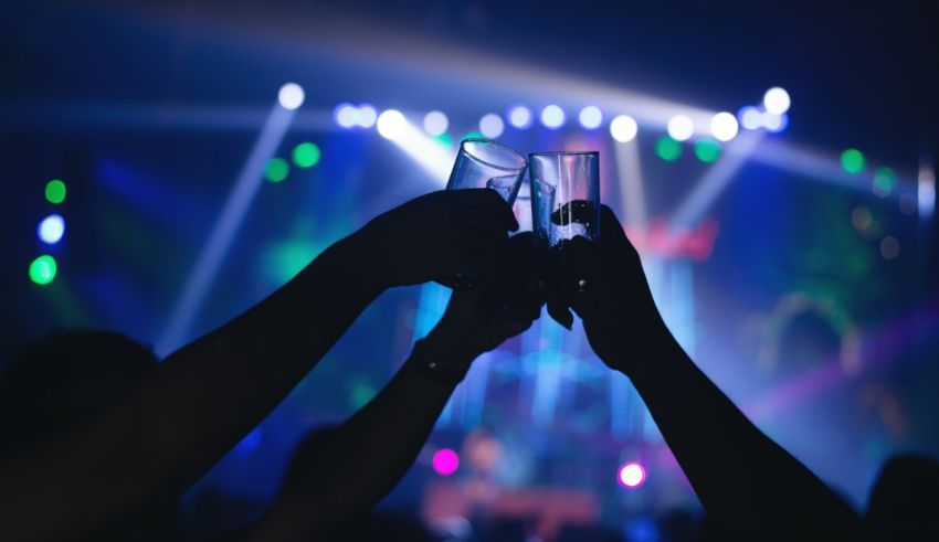 A group of people toasting at a concert.
