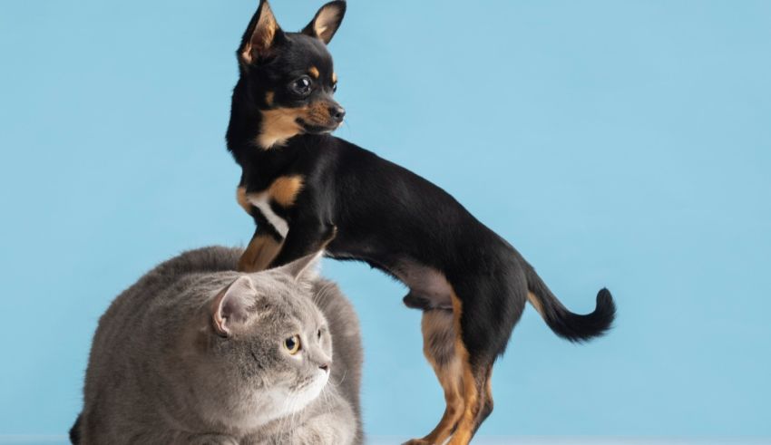 A chihuahua dog is standing on top of a grey cat.