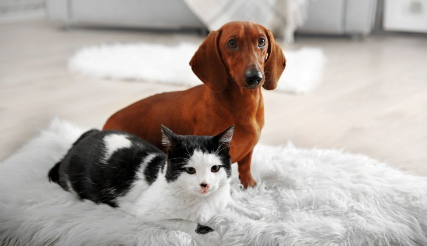 A dog and a cat sitting on a fluffy rug.