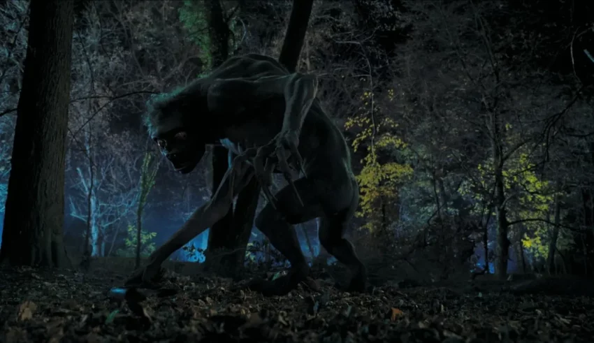 A creature is walking through the woods at night.