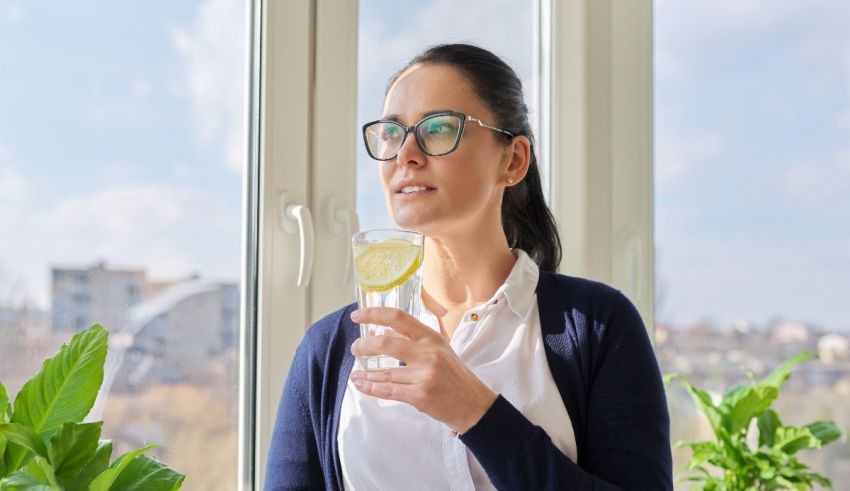 A woman in glasses is drinking a glass of lemon juice in front of a window.