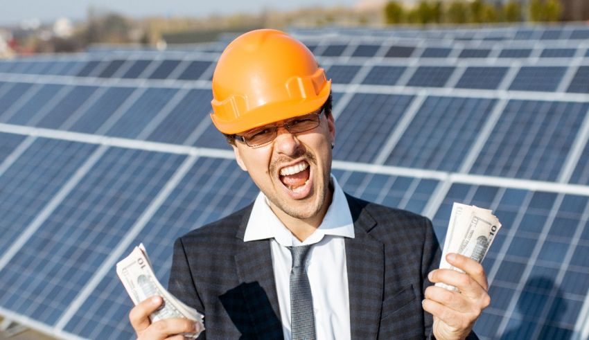 A man in a hard hat holding money in front of solar panels.