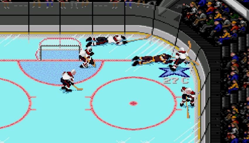 A screenshot of a hockey game with players on the ice.