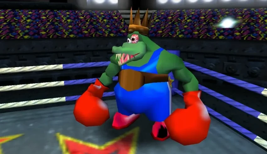 A cartoon crocodile in a boxing ring.