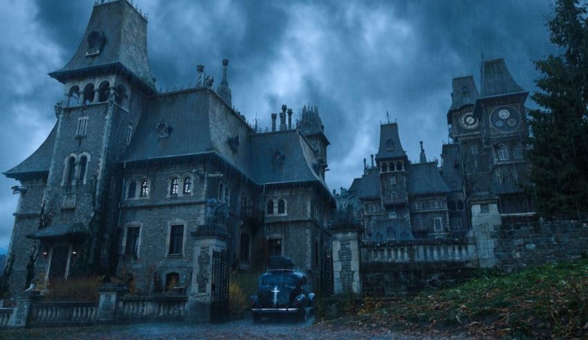 A creepy castle with a car in front of it.